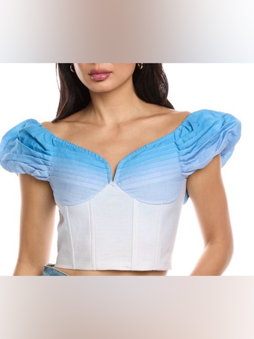 ALLISON New York Blue/WhiteOmbre Puff-Sleeve Clemence Corset Top: Small